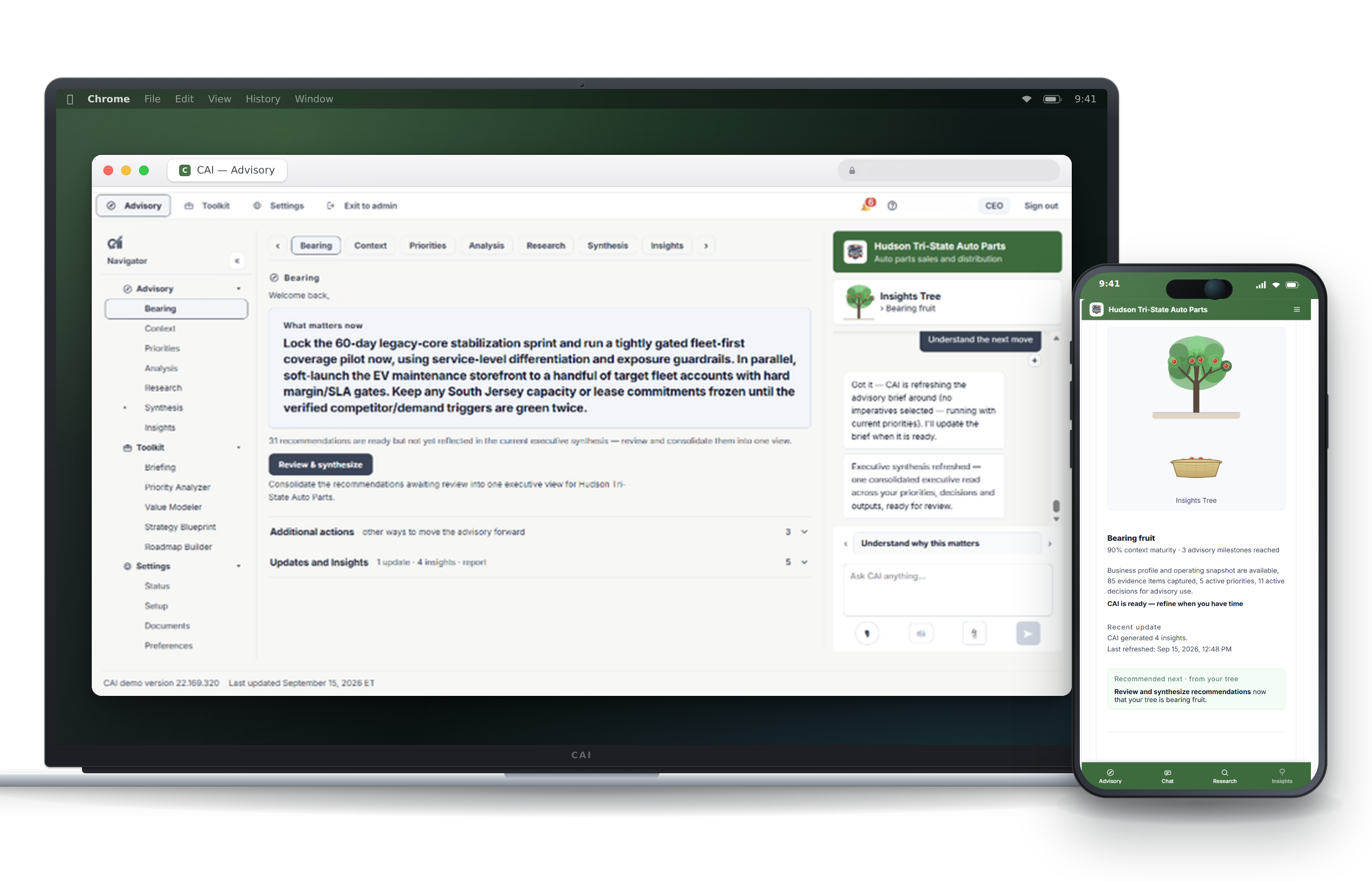 CAI desktop advisory workspace and mobile insights view for fictional Hudson Tri-State Auto Parts